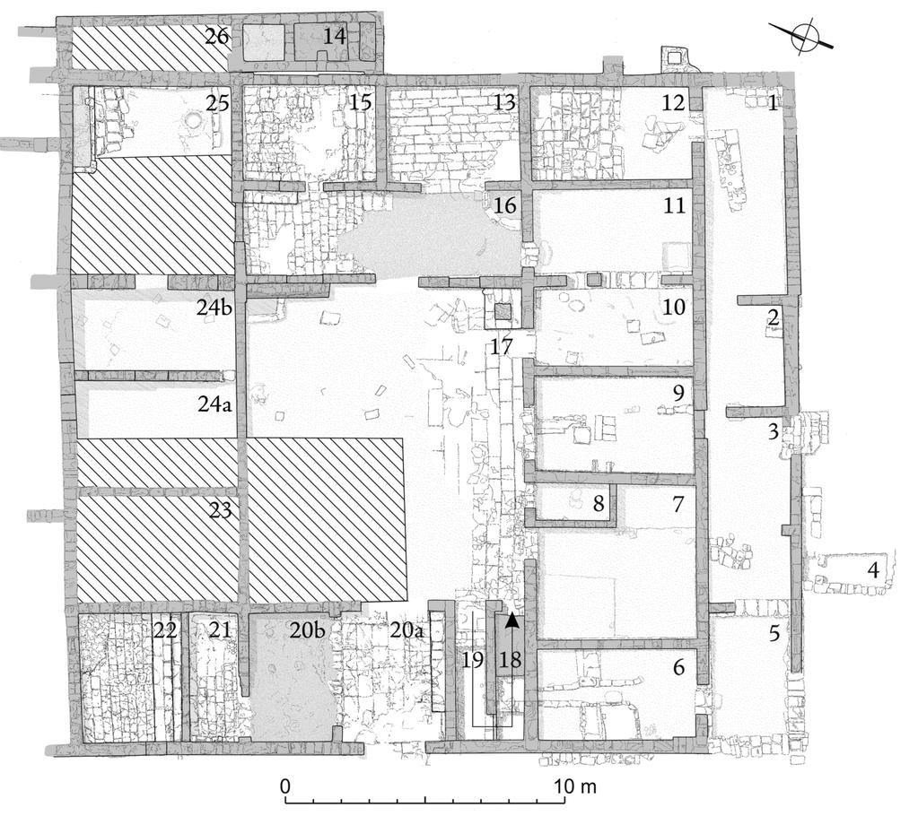 DAGMARA WIELGoSz-RoNDoLINo, MARIUSz GWIAzDA Fig. 4. house h1, overall plan. hatching marks not explored areas (Drawing D. Tarara, A.b. Kutiak). Ryc. 4. Plan domu h1.