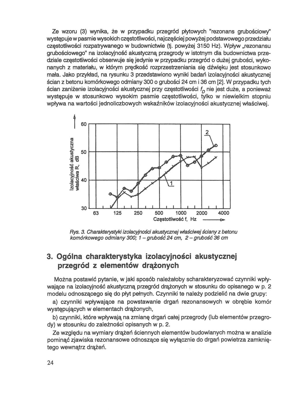 Ze wzoru (3) wynika, że w przypadku przegród płytowych "rezonans grubościowy' występuje w paśmie wysokich częstotliwości, najczęściej powyżej podstawowego przedziału częstotliwości rozpatrywanego w