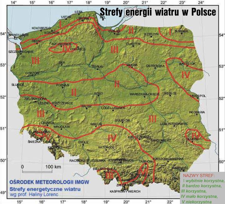 Rys. 9Strefy energetyczne wiatru w Polsce wg H. Lorenc Z mapy tej, obejmującej 5 stref zasobów energii wiatru wynika, iż województwo pomorskie znajduje się w znacznej części w III strefie, tj.