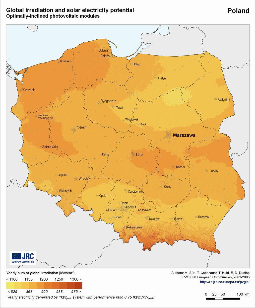 Rys. 11 Roczne sumy promieniowania słonecznego i solarny potencjał energetyczny dla Polski w 2008 r.