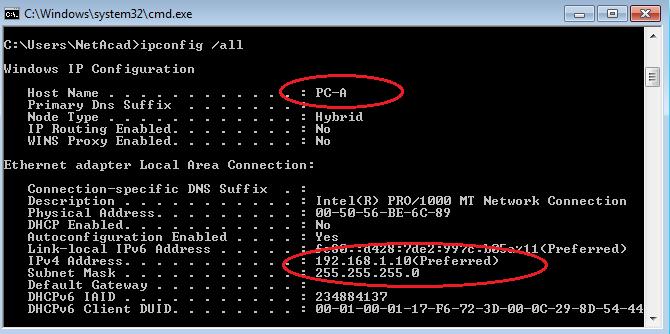 b. Okno cmd.exe jest miejscem, gdzie można bezpośrednio wprowadzać komendy i obserwować ich wyniki. Sprawdź ustawienia komputera za pomocą polecenia ipconfig / all.