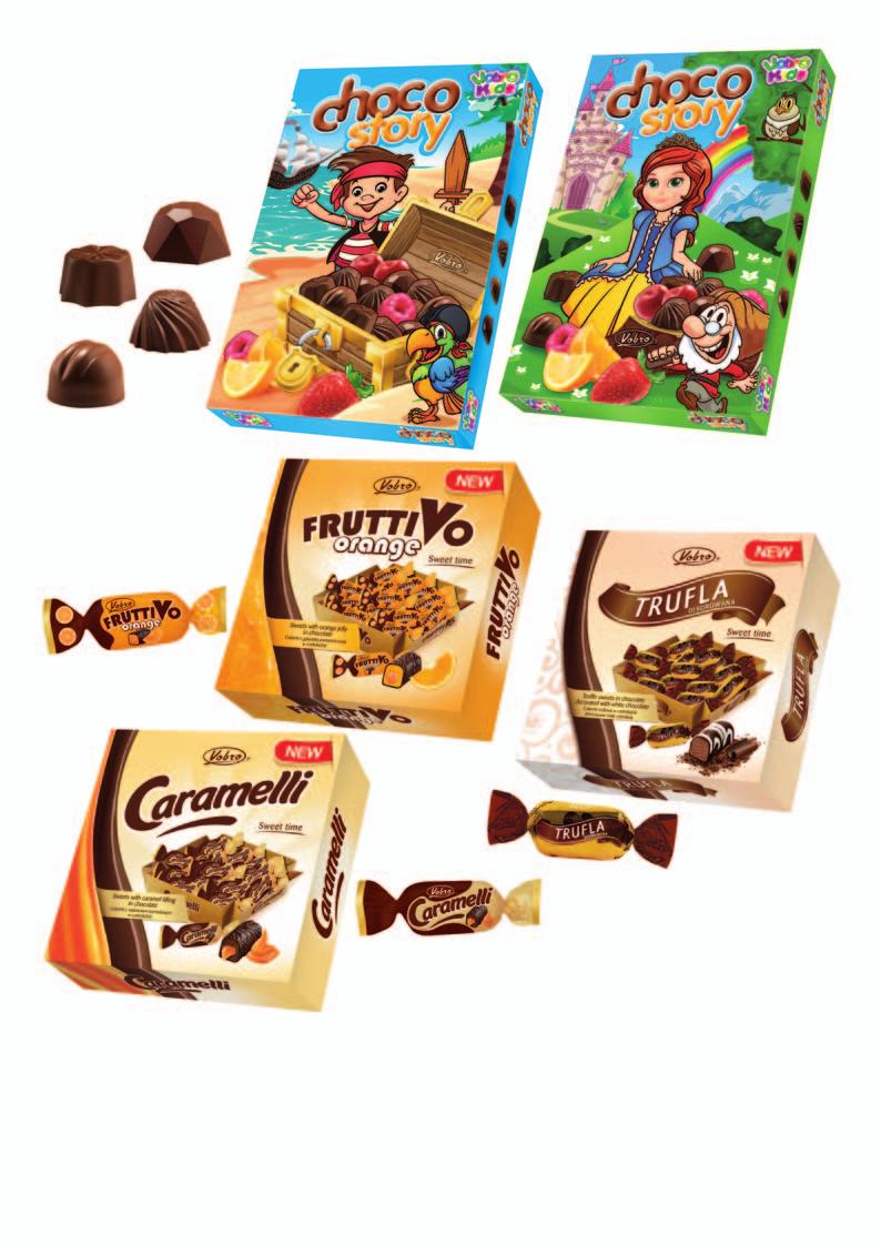 39 Choco Story (170 g) 40 FruttiVo Orange (230 g) Cukierki z galaretką pomarańczową w czekoladzie Czekoladki mleczne z nadzieniem owocowym: truskawkowym, pomarańczowym, malinowym, wiśniowym 42