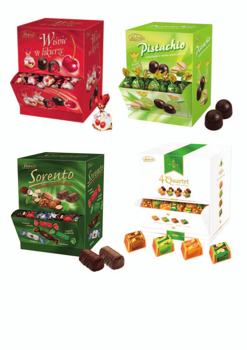 Cukierki czekoladowe 43 Wiśnie w Likierze (display, 2000 g) 44 Pistachio* (display, 2600 g) Czekoladki deserowe nadziewane wiśnią w likierze Praliny mleczne nadziewane o smaku pistacjowym 45 Sorento*