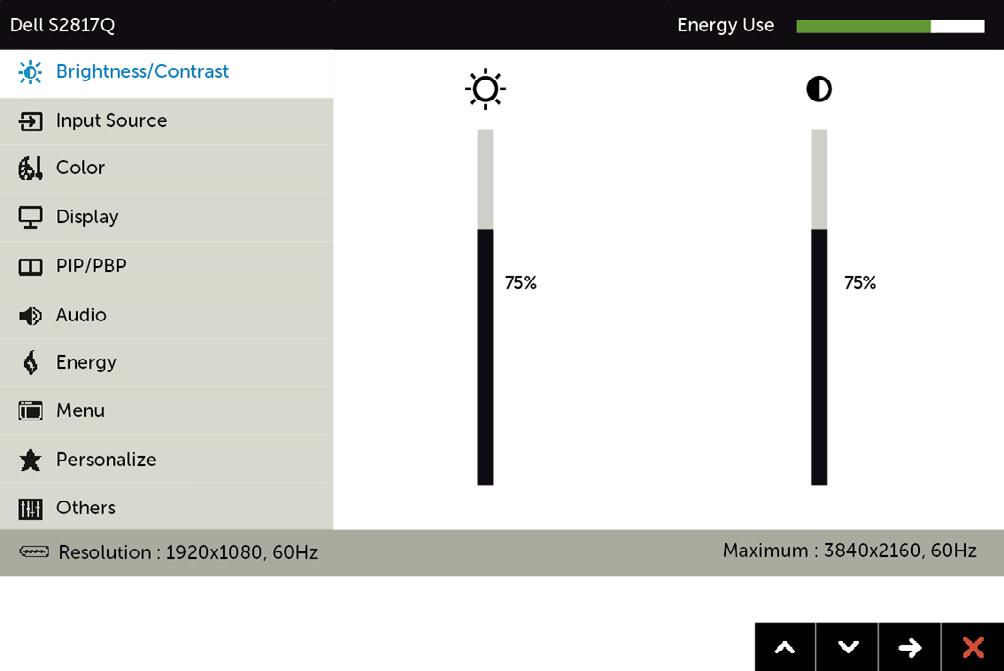 Ikona Menu i podmenu Jasność/Kontrast Opis Użyj tego menu do uaktywnienia ustawień Jasność/ Kontrast. Jasność Jasność reguluje luminancję podświetlenia (minimum 0; maksimum 100).