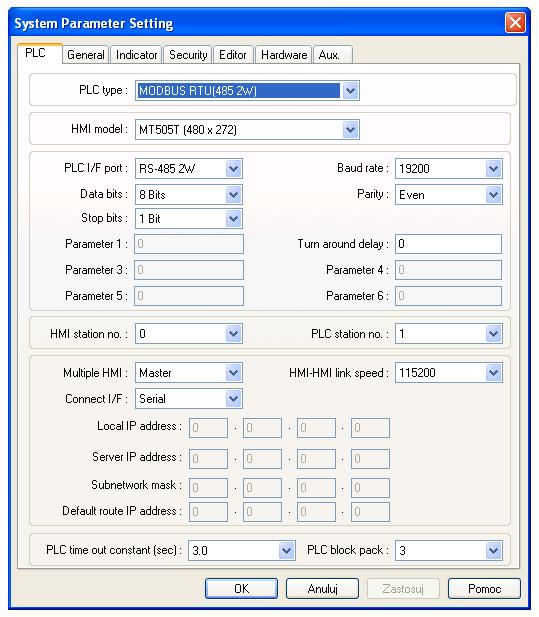 Rys. 27 Konfiguracja parametrów urządzenia i panelu Przykładowa konfiguracja: MODBUS RTU (RS-485 2W) PLC type: HMI model: MT505T (model panelu HMI,