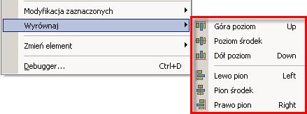 Edycja/Wyrównaj/... W zależności od wybranego polecenia program wyrównuje wszystkie wybrane (zaznaczone) elementy do pierwszego wybranego (zaznaczonego) elementu. Dostępne polecenia: Tryb pracy: 1.