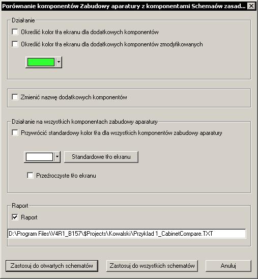 Porównanie komponentów Za pomocą tego polecenia wykonujemy porównanie kompunentów znajdujących się w module Zabudowa aparatury i komponentów w module Schematy