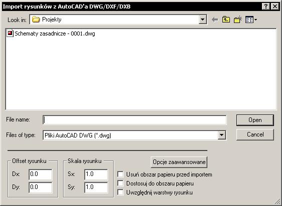 Plik/Otwórz/Rysunek AutoCAD DWG/DXF/DXB To polecenie jest używane do importu plików DXF, AutoCAD -DWG i DXB do. Tryb pracy: 1. Utworzyć nowy schemat. 2.