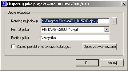 5. Kliknąć na przycisk, aby wyświetlić parametry (patrz "Parametry zaawansowane" w rozdziale "Plik/Zapisz jako/rysunek AutoCAD DWG/DXF/DXB" 6. Kliknąć na przycisk. Schemat zostanie zapisany we wskazanym formacie.