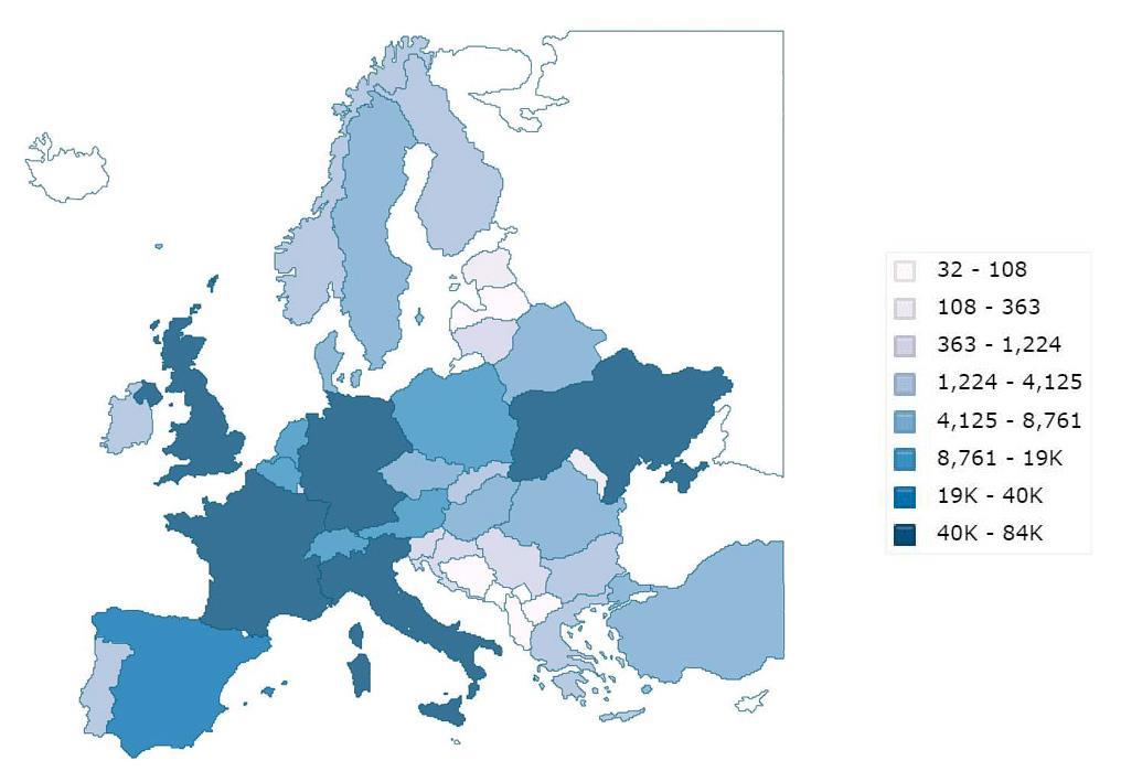 Figura 4.4.1. Situația transportului feroviar de călători la nivel european în 2014 (călători-km) Sursa: www.indexmundi.