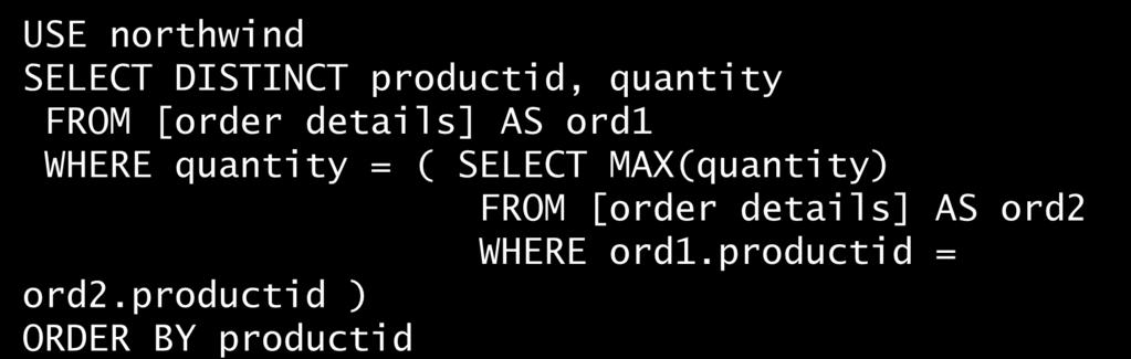 Podzapytania skorelowane Dla każdego produktu podaj maksymalną liczbę zamówionych jednostek SELECT DISTINCT productid, quantity FROM [order
