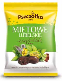 36 Miętowe Lubelskie z Czekoladą Delikatnie miętowe karmelki z czekoladowym nadzieniem. / Mild mint caramels with a chocolate filling. / Нeжнo мятные Люблинские с шоколадной начинкой.