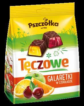 10 Tęczowe Galaretki w czekoladzie Galaretki w czekoladzie o smakach: cytrynowym, pomarańczowym, wiśniowym i jabłkowym / Chocolate-covered jelly candy: with lemon, orange, cherry and apple flavours /