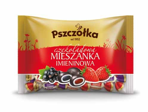 18 Czekoladowa Mieszanka Imieninowa 100 g Cukierki nadziewane o smaku porzeczkowym i truskawkowym, oblane czekoladą. / Candies covered in chocolate with strawberry and black currant flavors.