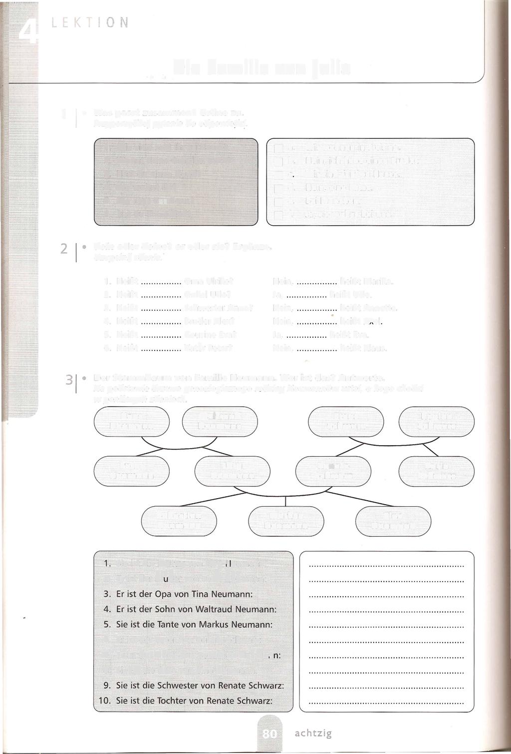 1 I Was passt zusammen? Ordne zu. Przyporzqdkuj pytania do odpowiedzi. Die Familie von Julia 1. Wie viele seid ihr zu Hause? z. Wohnt deine Oma bei euch? 3. Hast du einen Hund? 4. Wo wohnt ihr? 5.