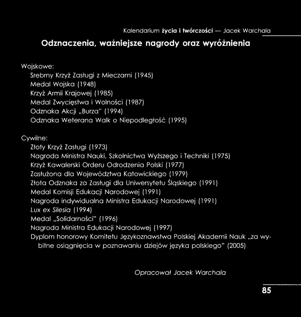 (1975) Krzyż Kawalerski Orderu Odrodzenia Polski (1977) Zasłużona dla Województwa Katowickiego (1979) Złota Odznaka za Zasługi dla Uniwersytetu Ślgskiego (1991) Medal Komisji Edukacji Narodowej