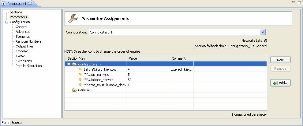 Rys. 2. : Okno dodawania parametrów Źródło: wykonanie własne Źródło pliku wygląda teraz następująco: [General] network = Lekcja5 [Config cztery_k] description = "cztery klienty" Lekcja5.