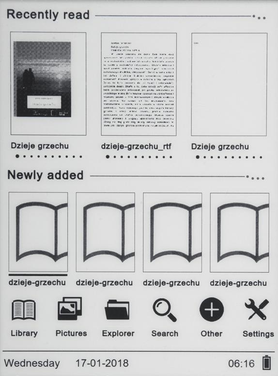 Owner s manual Newly added: The Newly added contains 4 last added e-books. LIBRARY EN Enter the Library section to display all e-books on the reader (both in internal memory and microsd if inserted).