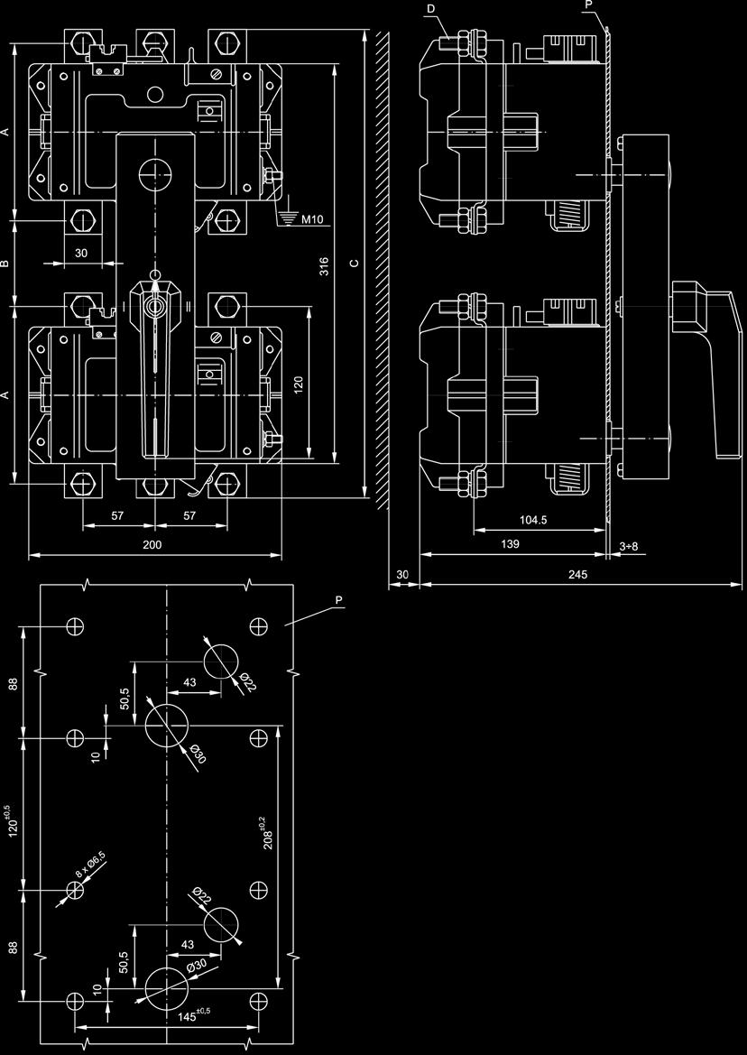 Aparatura / Switching equipment / Аппаратура Wymiary Przełączniki zatablicowe w układzie pionowym z napędem bezpośrednim PLO-.../H2.