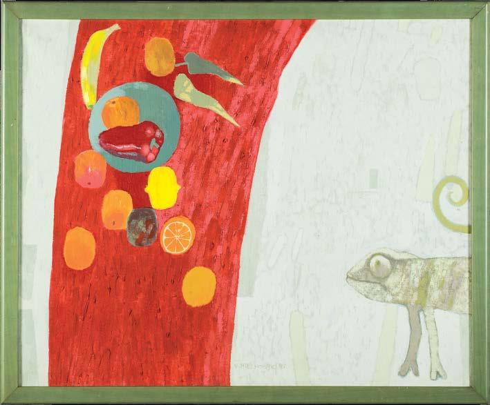 64. Marek PIECHOWSKI (ur. 1968 Tarnobrzeg) Kameleon, 1997 olej, płótno; 64 x 79 cm w świetle ramy; sygn. i dat. u dołu: M.