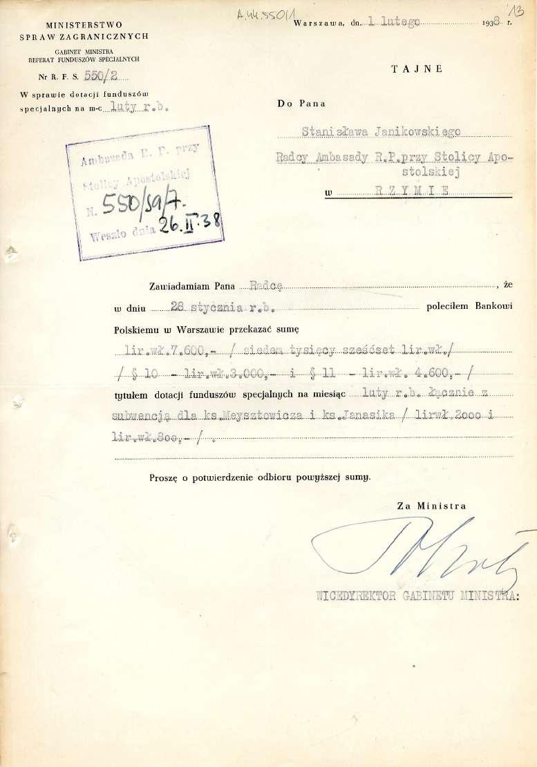 MINISTERSTWO SPRAW ZAGRANICZNYCH GABINET MINISTRA Nr R. F. S..550/2 A-,L1.4,(55.0(4 o Warszawa, dn...1...11.1.te.g0 1930. r.