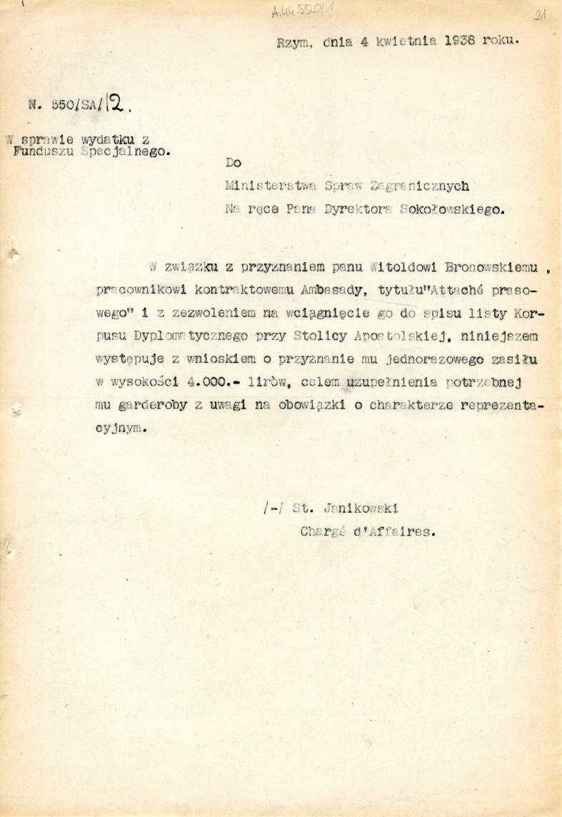 N. b50isa/ 19s. Rzym, dnia 4 kwietnia 1.,%3.8 spr :Ivvi e wydatku z Funduszu c jal ne go. Do Miniterstwa Sur ;:nicznyeh N reee Pm9 Dyrektor, oko?:..o,4skiego. zw1.9zku z przyznaniem panu.