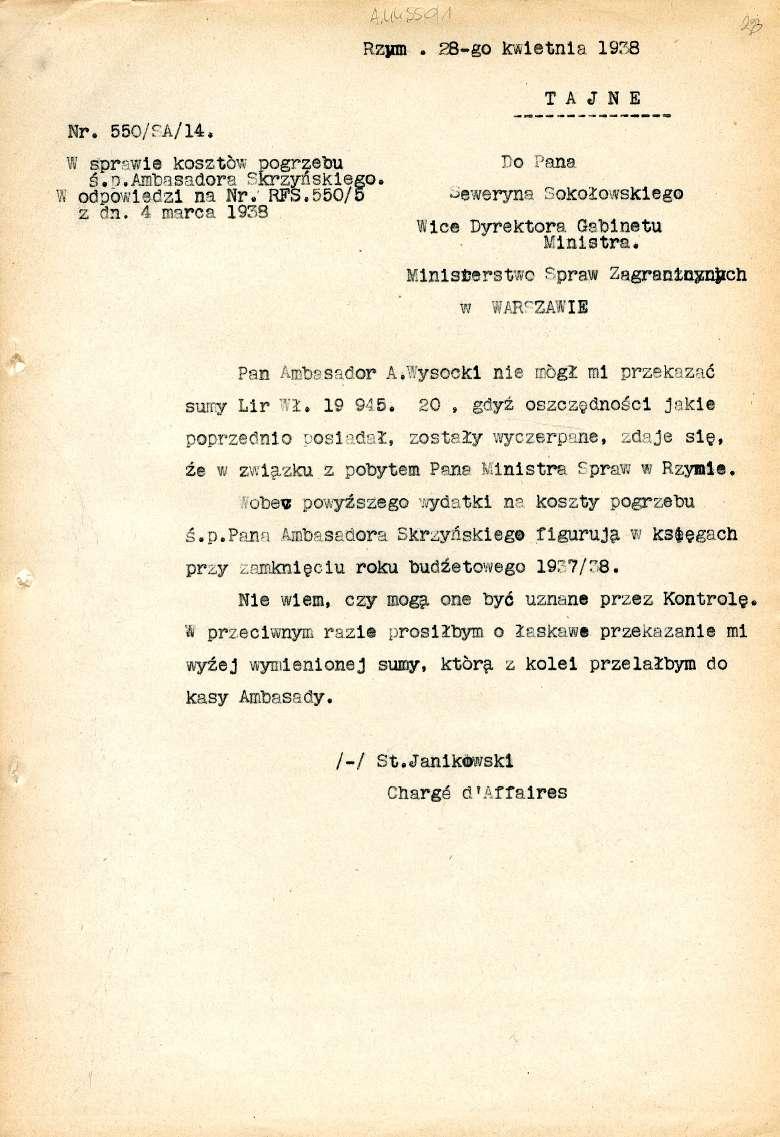 Rzym. 28-go kwietnia 19:7,8 TAJNE Nr. 550/A/14. W spr-wie kosztów pogrzebu?do liana Ś.n.Ambasadora ckrz ńskiego. W odpowiedzi na Nr; RP 550/5.Jeweryna.;okołowskiego z dn.