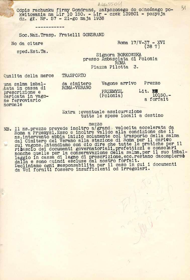 Odpis rachunku firmy Gondrand, załączonego do odnośnego pokwitowania na Lir 10 150. - Lir - czek 139801 - pozycja dz. g/. Nr. 57-21-go maja 1938 Soc.Naz.Trasp. Fratelli GONDRAND No da citare sped.est.