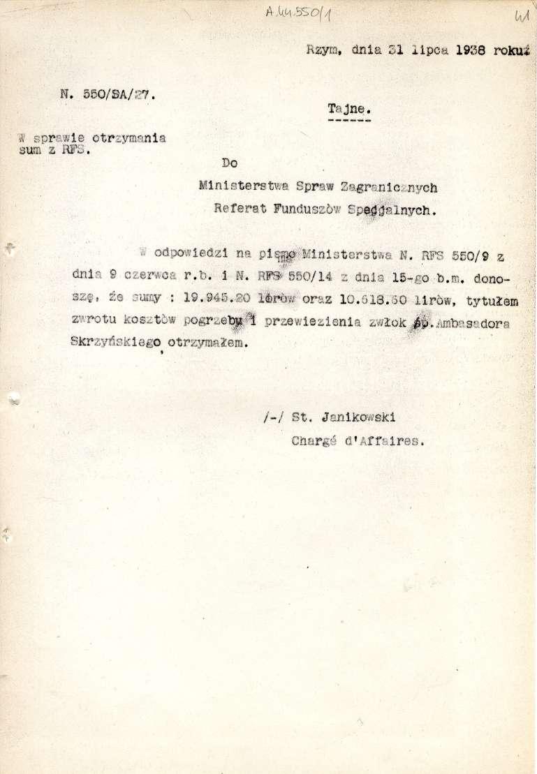 A,L(.550(4 Rzym, dnie31 lipcu 1936 rokt N. 550/SA/27. z- a`.1 otrywinia sum z R. Do Tajne. Minisłerstwa Spraw Za.grnnle, nveh Referat Funduszbw E';)00Cpinych. x. odpovdedzi 11, pime.:,inistoretwo N.