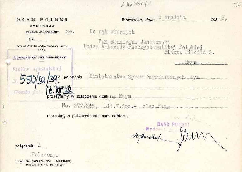 59D(A 59-5 (-) BANK POLSKI! Warszawa, dnia grudnia 193 DYREKCJA lish Institute and Sikorski M Archives References: A.44.550/1 WYDZIAŁ ZAGRANICZNY O Do rąk własnych Nr.