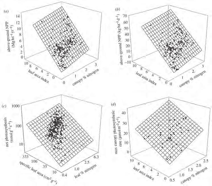 Plant traits and functional diversity Fig. 6. Relationships, at different scales, of productivity to leaf area and nitrogen concentration in temperate forests.