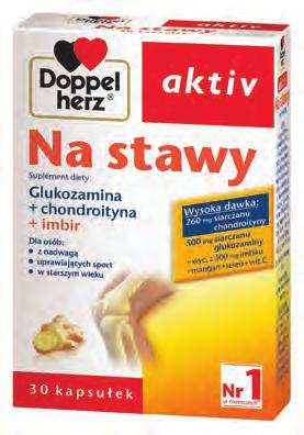 NA STAWY Dzienna porcja (2 kapsułki) zawiera: Ilość %RWS Siarczan glukozaminy 1000 mg Siarczan chondroityny 520 mg Wyciąg z imbiru (10:1) 100 mg Witamina C 40 mg 50% Mangan 1,6 mg 80% Selen 40 μg 73%