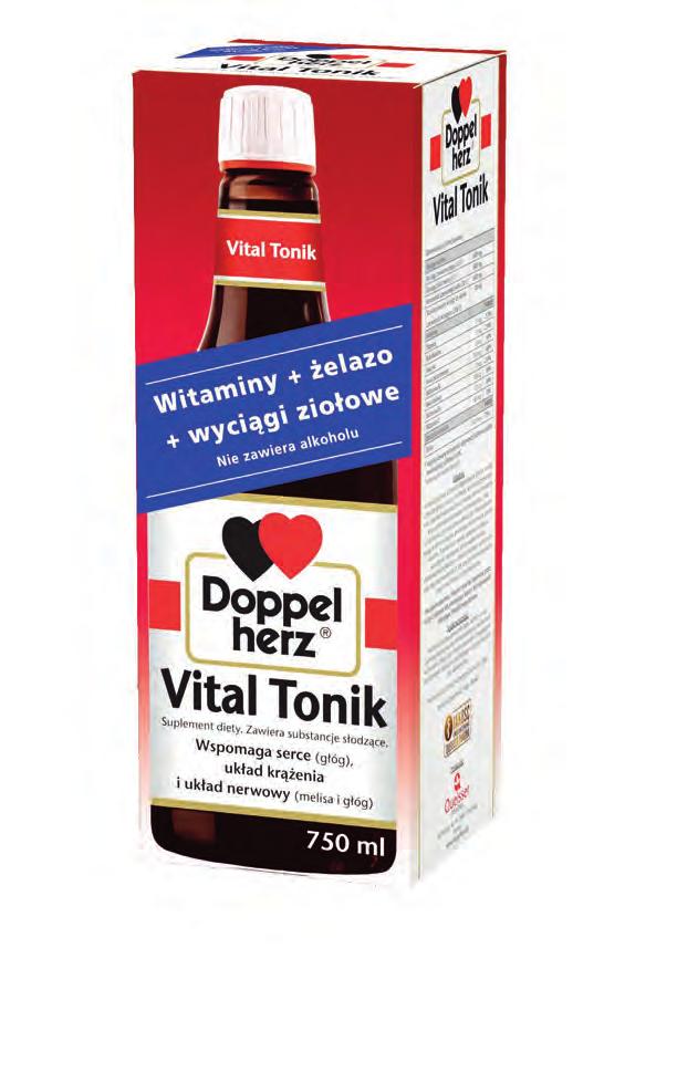 TONIKI Dzienna porcja (60 ml) zawiera: Ilość %RWS 3 Wyciągi roślinne Wyciąg z owoców głogu (5,5:1) 600 mg Wyciąg z liści melisy (5:1) 600 mg Koncentrat z czerwonego wina (30:1) 600 mg Standaryzowany