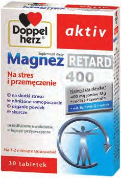 MAGNEZ Dzienna porcja (1 tabletka) zawiera: Ilość %RWS Magnez 400 mg 107% Wapń 120 mg 15% Wyciąg z liści melisy (5,5:1) 100 mg Olejek lawendowy 5 mg Tiamina 1,1 mg 100% Niacyna 16 mg 100% 1,4 mg 100%