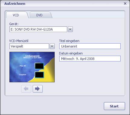 Przed rozpoczęciem nagrywania plików na płytę, wybierz napęd, w którym znajduje się niezapisana płyta. Następnie w zakładce VCD lub DVD możesz nadać płycie tytuł i wpisać datę.