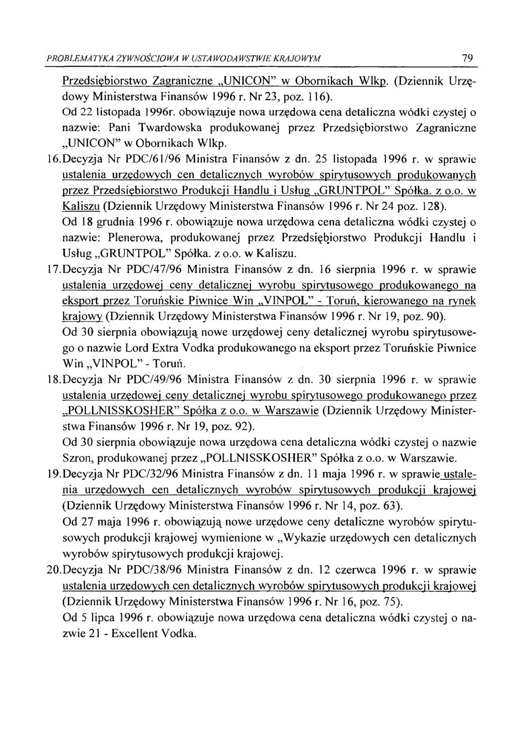 PROBLEMATYKA ŻYWNOŚCIOWA W USTAWODAWSTWIE KRAJOWYM 79 Przedsiębiorstwo Zagraniczne..UNICON w Obornikach W lkp. (Dziennik Urzędowy Ministerstwa Finansów 1996 r. Nr 23, ροζ. 116). Od 22 listopada 1996r.