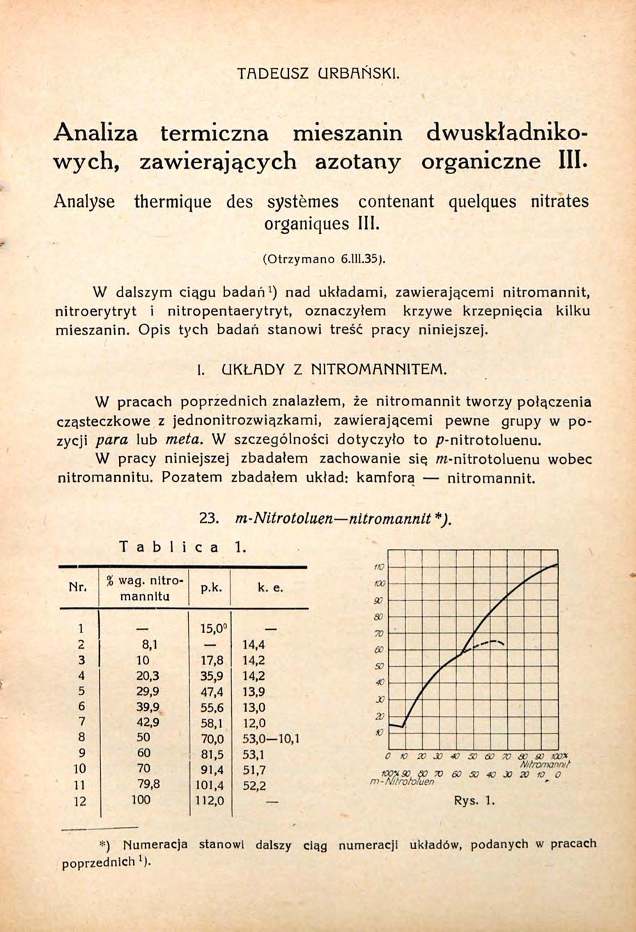 TADEUSZ URBAŃSKI. Analiza termiczna mieszanin dwuskładnikowych, zawierających azotany organiczne III. Analyse thermique des systèmes contenant quelques nitrates organiques III. (Otrzymano 6.111.35).