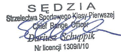 Skład sędziowski Obserwator ŚZSS: Kierownik Zawodów: Przewodniczący RTS Sędzia Główny Strzelań: Robert Wrona- sędzia kl.państw. 1311/P/07 Paweł Ciurzyński- sędzia kl. III.