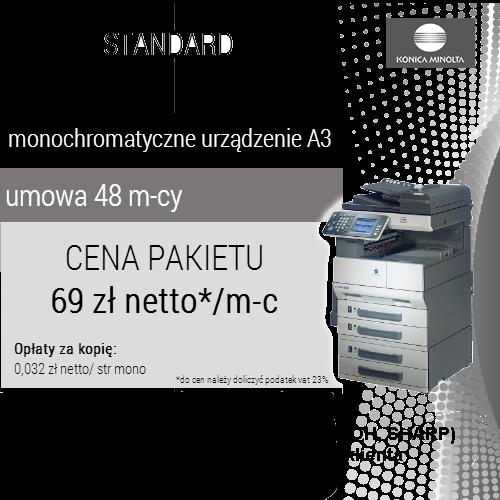 KONICA MINOLTA, RICOH, KYOCERA, SHARP PAKIET STANDARD opłata miesięczna - 69 zł netto/m-c Opłaty za kopię: 0,032 zł netto/ str mono Umowa - 48 m-cy W