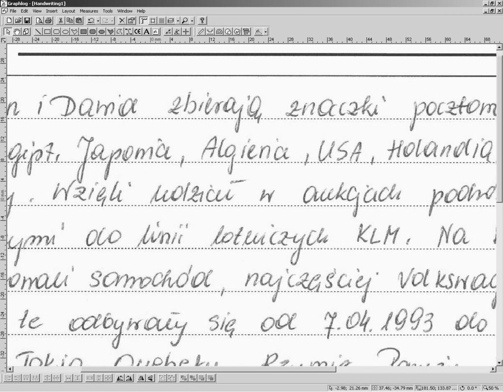 Graphlog computer system supporting handwriting analysis 395 upon the ob ser va tion that hand writ ing is a man i fes ta - tion of the au thor s psychophysical po ten tial.