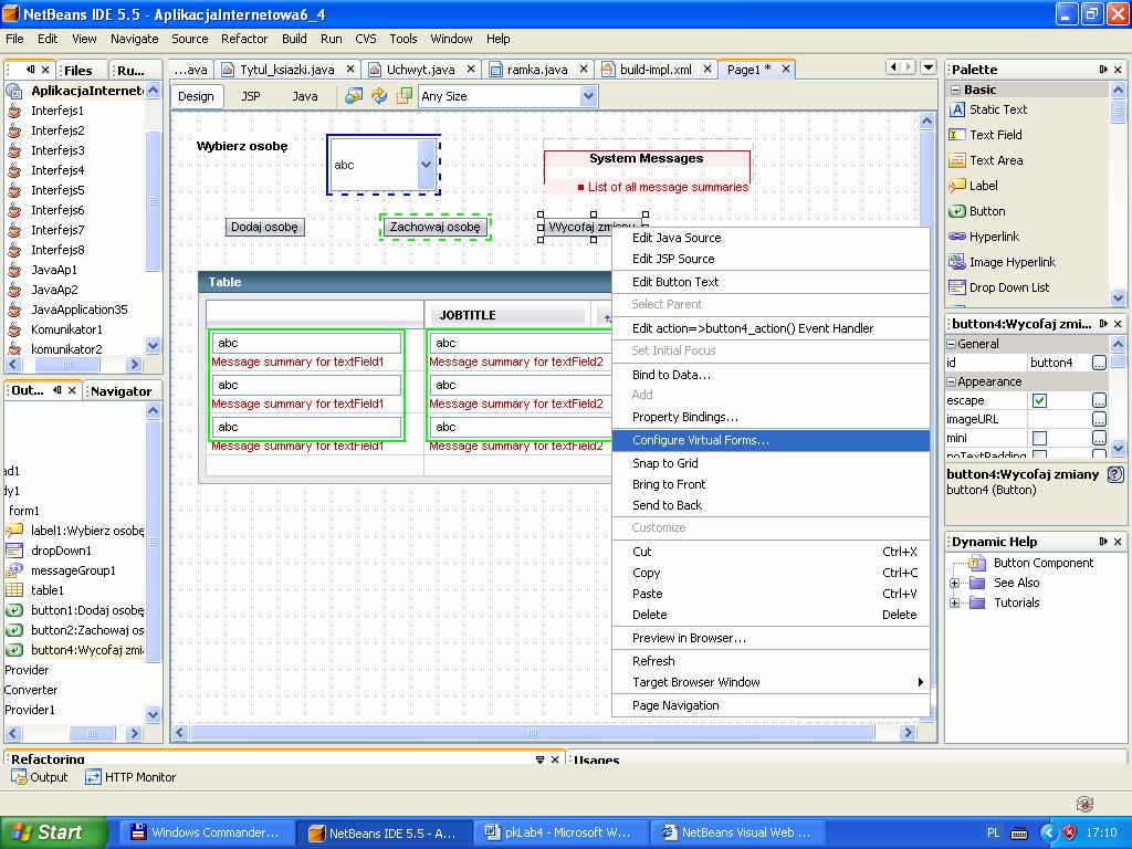 public String button4_action() { // TODO: Process the action. Return value is a navigation // case name where null will return to the same page. form1.