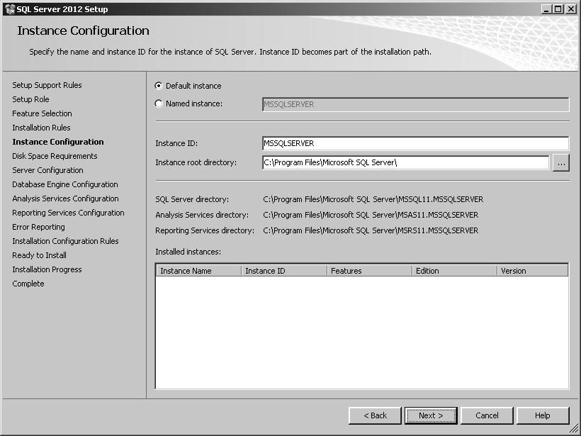 78 Rozdział 4: Instalowanie Reporting Services RYSUNEK 4-2 Konfigurowanie instancji w kreatorze SQL Server 2012 Setup WAŻNE Jak widać, katalog dla domyślnej instancji Reporting Services to C:\Program