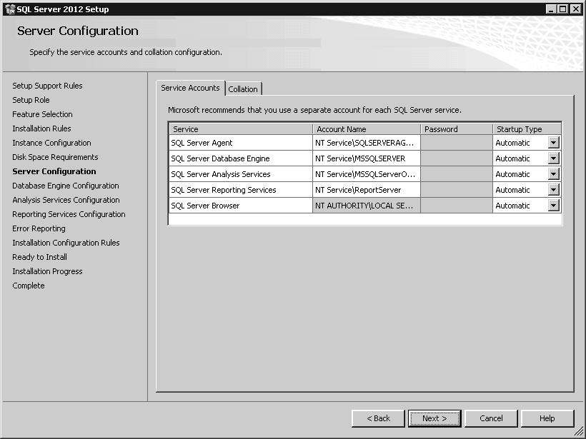 80 Rozdział 4: Instalowanie Reporting Services RYSUNEK 4-3 Konfigurowanie serwera w kreatorze SQL Server 2012 Setup WSKAZÓWKA Gdy rozwiązanie ma składać się z wielu funkcji SQL Server działających na