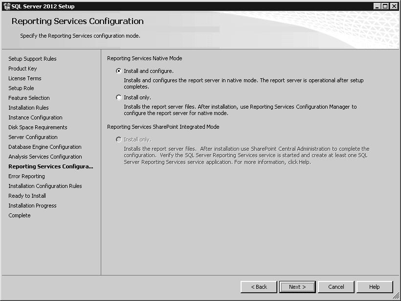 84 Rozdział 4: Instalowanie Reporting Services RYSUNEK 4-5 Konfigurowanie Reporting Services w kreatorze SQL Server 2012 Setup Reguły dotyczące konfiguracji instalacji Na stronie Installation