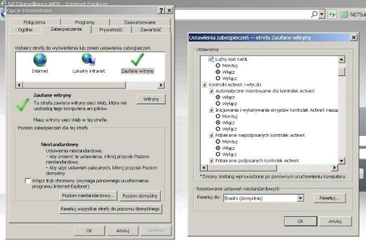W celu poprawnego działania kamery, należy dodać powyższy adres do zaufanych witryn oraz włączyć wszystkie formanty ActiveX: W oknie, które się pojawiło wyszukujemy zakładkę Kontrolki ActivieX i