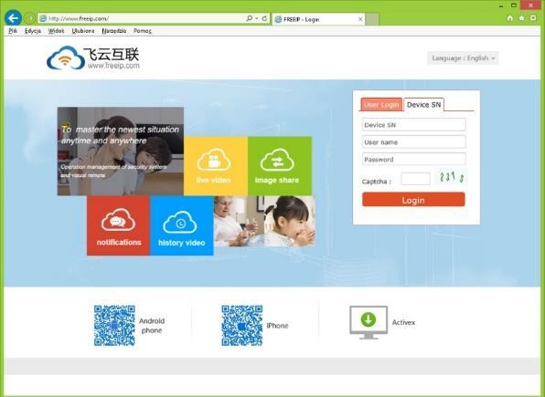 com/ powinno pojawić się okno logowania wybieramy zakładkę User Login lub Device SN. Wprowadź użytkownik and hasło, aby rozpocząć pracę z kamerą IP.