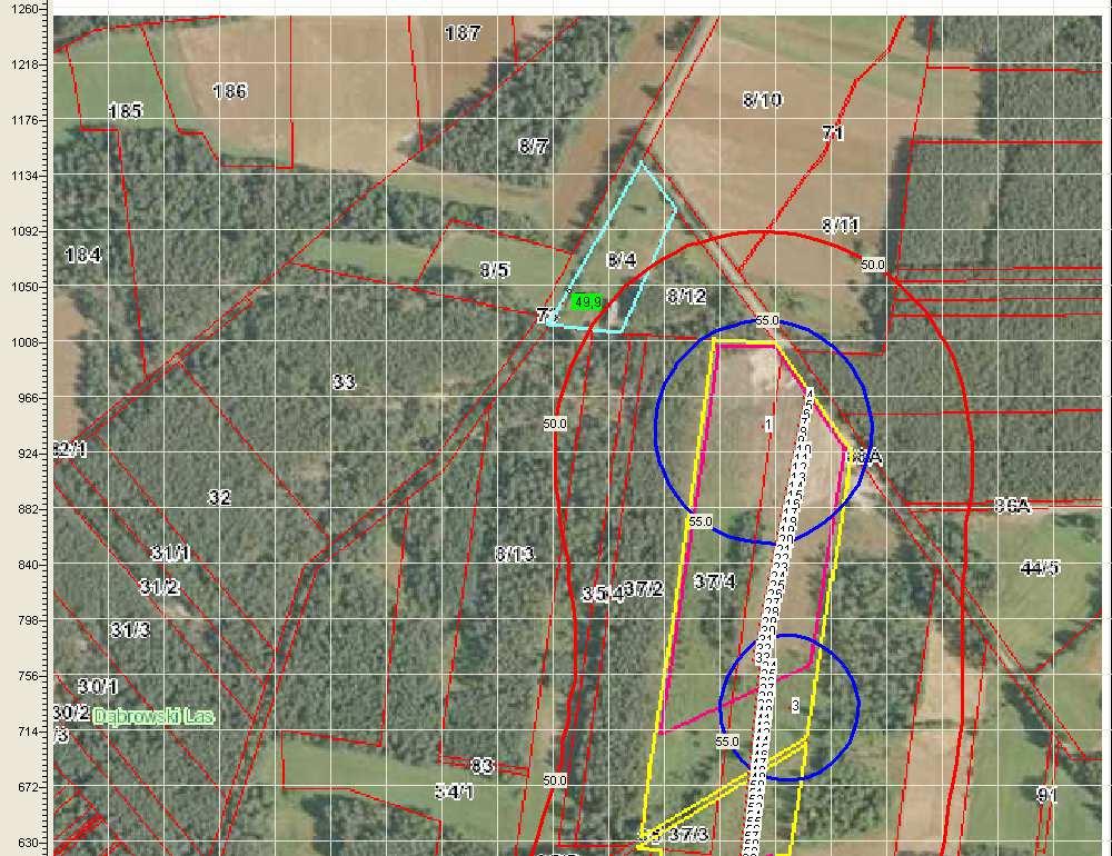 Rysunek 2 Mapa zasięgu hałasu generowanego w czasie eksploatacji