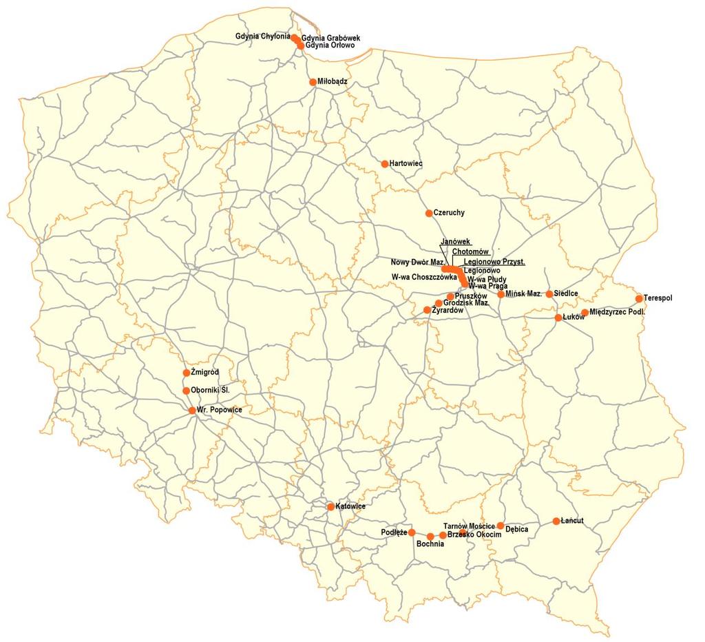 Rys. 5. Stacje i przystanki osobowe, na których zainstalowano platformy pionowe (wg stanu na dzień 01.09.2017 r.) 5.1.3.