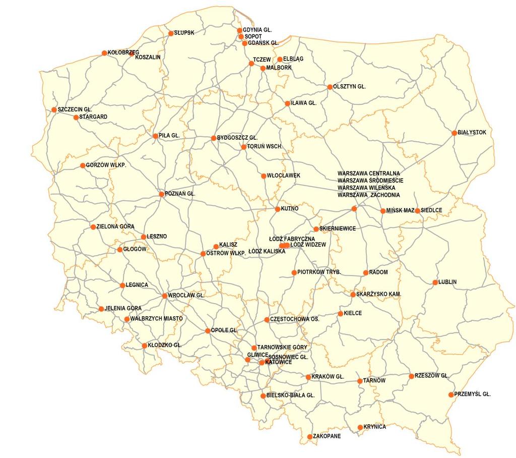 Rys. 6. Rozmieszczenie dworców, na których pomoc osobom niepełnosprawnym świadczona jest przez pracowników ochrony (wg stanu na dzień 01.09.2017 r.