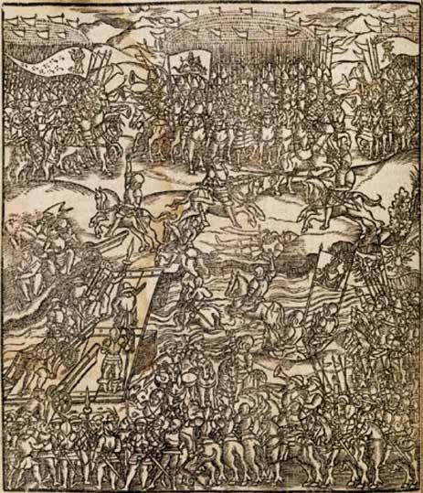 Oršos kautynių pradžia. Piešinys iš Martyno Bielskio kronikos, išleistos 1597 m. (rus. dieneg), gauruoti kailiai teko riteriams ir karei viams kaip grobis. (T.